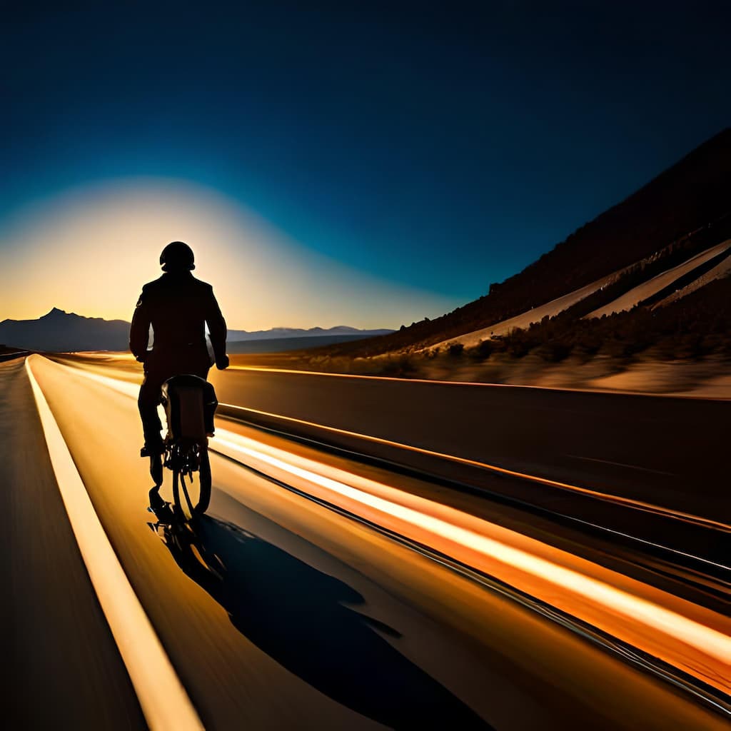 E-bike rider wearing a helmet, riding into the sunset - promoting electric bike safety