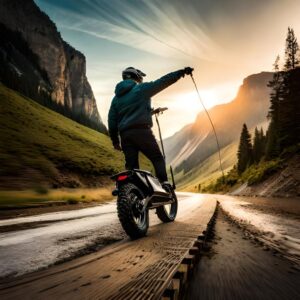 Extreme Off Road Electric Scooter rider in mountains