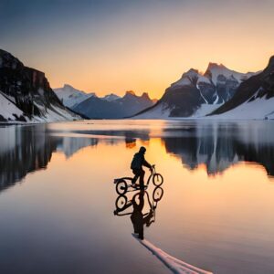 Riding an ebike in mountains on water with reflection