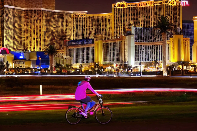 A person riding an electric bicycle in front of the captivating nighttime skyline of the vibrant city of Las Vegas, showcasing the House of Electric Bike's selection of bikes.