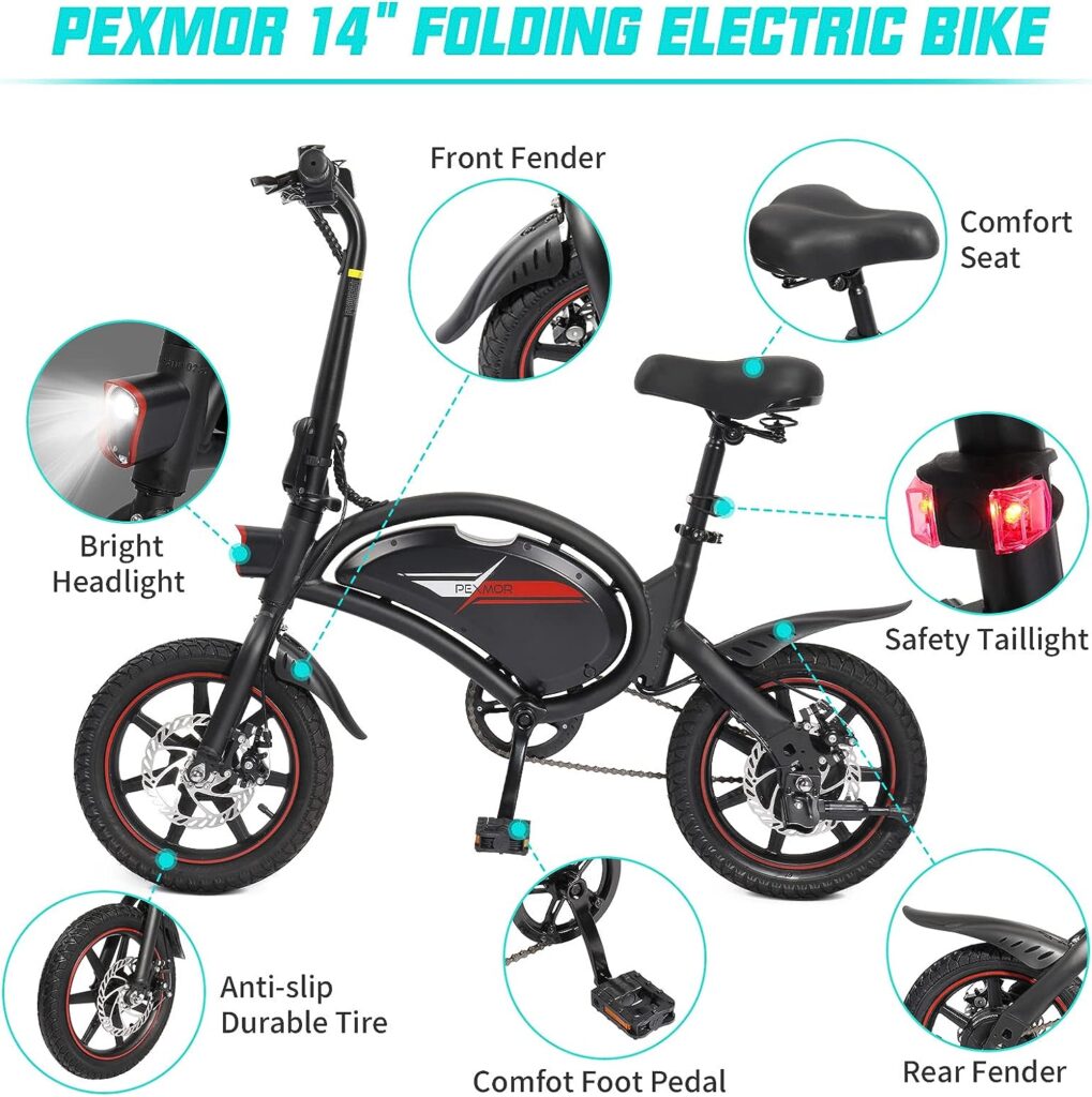 PEXMOR Electric Bike for Adults,14 350W EBike Electric Bicycle for Adults/Teens with 36V 6AH Battery, Folding Commuter City Electric Bike Throttle  Pedal Assist w/Dual Disc Brake  Cruise Control