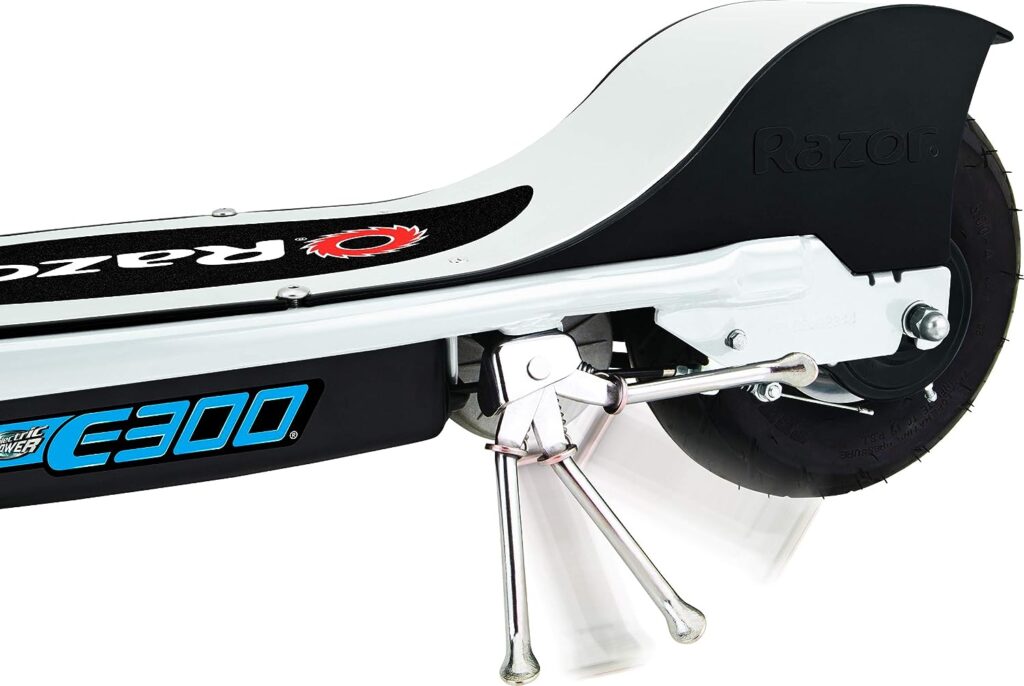 Razor E300 Electric Scooter - 9 Air-filled Tires, Up to 15 mph and 10 Miles Range, White/Blue