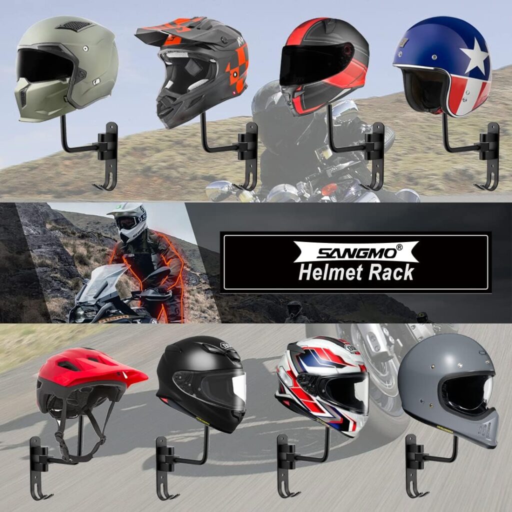 SANGMO 180° Motorcycle Helmet Rack, Rotation Metal Helmet Holder Wall Mount, Helmet Holder Bike with 2 Hooks
