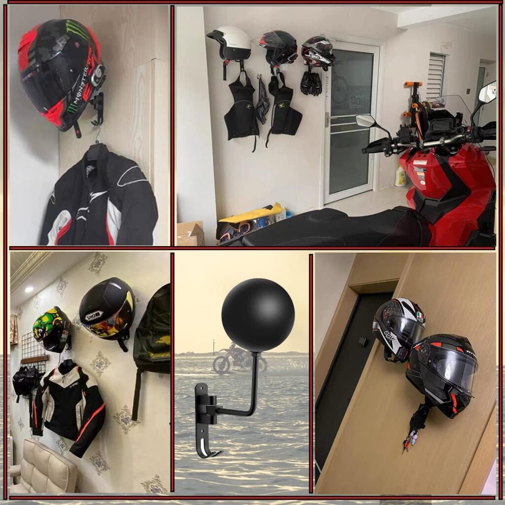 SANGMO 180° Motorcycle Helmet Rack, Rotation Metal Helmet Holder Wall Mount, Helmet Holder Bike with 2 Hooks
