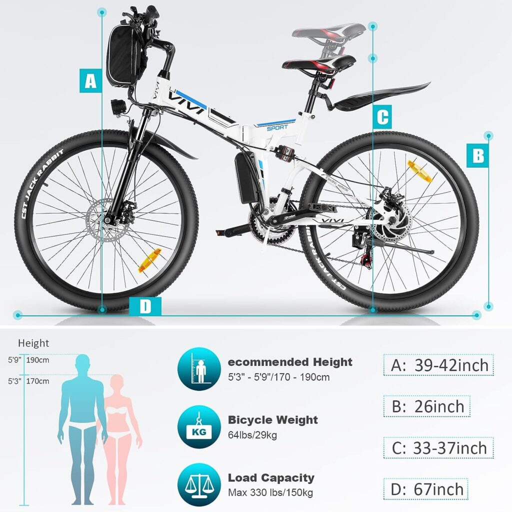 Vivi M026TGB Electric Bike 26 Electric Bike for Adults, Folding Electric Mountain Bike with 500W Motor, 48V Removable Lithium-Ion Battery, 21 Speed, 20MPH, Up to 50 Miles, Dual Shock Absorber