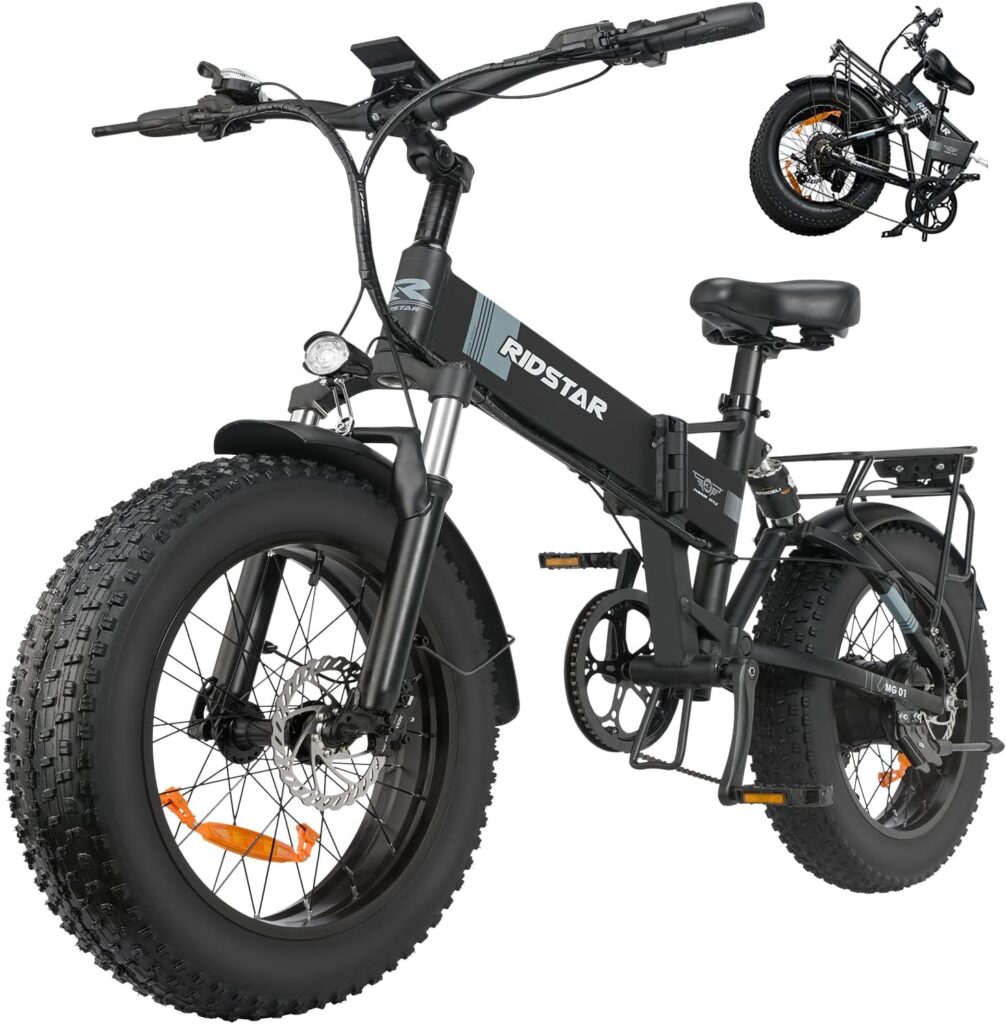 JSILAKOI Electric Bike for Adults 1000W Ebike Full Suspension 48V 14AH Battery 28MPH 50Miles Range 20 Inch Folding Ebikes for Adults Fat Tire Adult Electric Bicycles, Deep Black