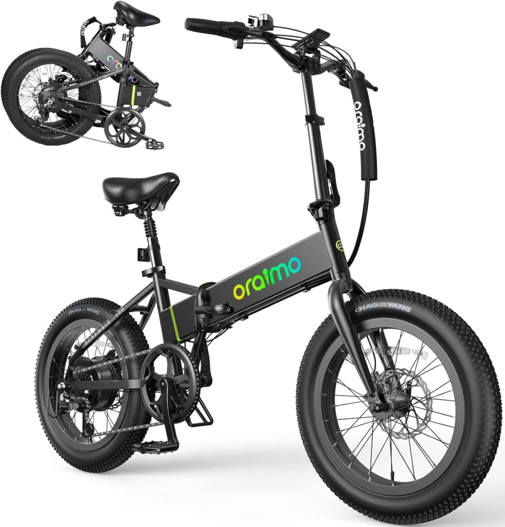 Oraimo 750W-1000W Electric Bike, Up to 45 Miles 557Wh Hidden Li-ion Battery, 3A Fast Charge, 20 Fat Tire Folding Ebike, 7 Speed Gear, LCD Display, Shock Absorbing Seat Tube, Complies to UL2849
