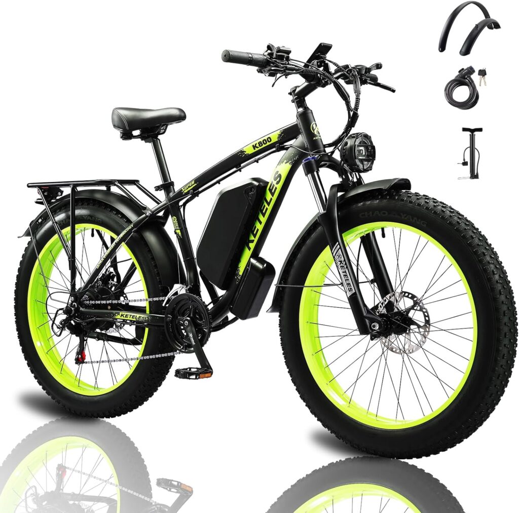 QIKAITU Electric Bike,1000W Adult Electric Bicycles 26 Fat Tire, 48V17.5AH Mountain Beach Snow Ebike for Man Up to 27MPH, Shimano 21-Speed Gears Hydraulic Disc Brake Electric City Bikes for Adults
