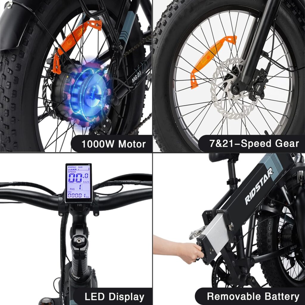 Recherclie Snow Electric Bike for Adults Foldable 1000W Motor,26 MPH 48V/14Ah 20 x 4.0 Fat Tire Removable Battery Assist Bicycle with Shimano 7-Speed Snow Beach Mountain Ebikes black