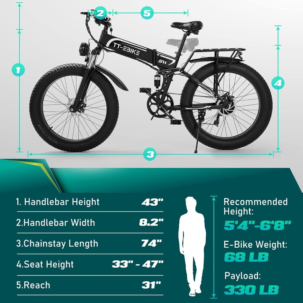 TT-EBIKE Folding Electric Bike Adults 750/1000W with 48V 17.5AH Removable Battery 26 inch 4.0 Fat Tire 31MPH Full Suspension Snow Mountain Beach Ebike with Professional Shim 7-Speed Gear