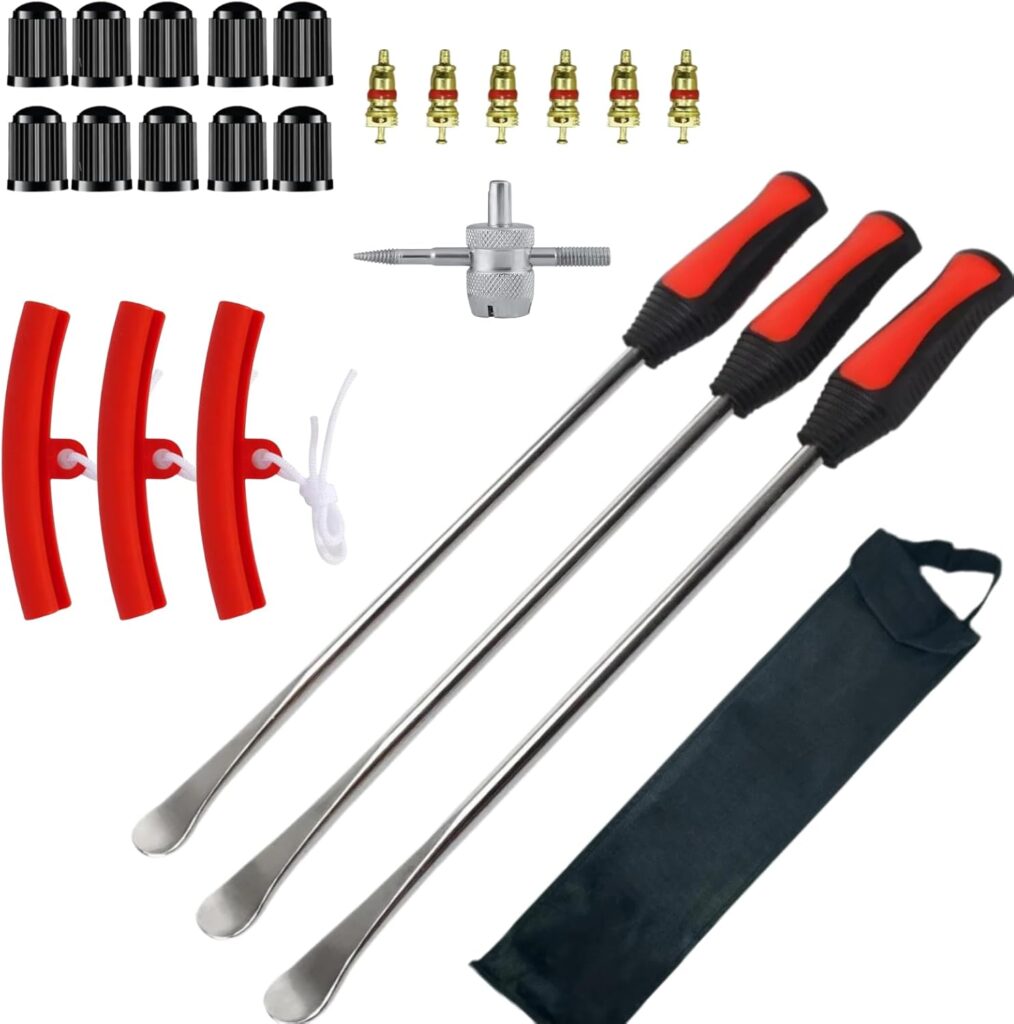 14.5” Tire Spoons Tool Set-Motorcycle  Dirtbike Tire Spoons,24pc Dirt Bike Tire Changing Tools with 3 Tire Spoons,3 Rim Protectors,6 Valve Cores,10 Valve Caps,1 Portable Bag and 4-Way Valve Tool