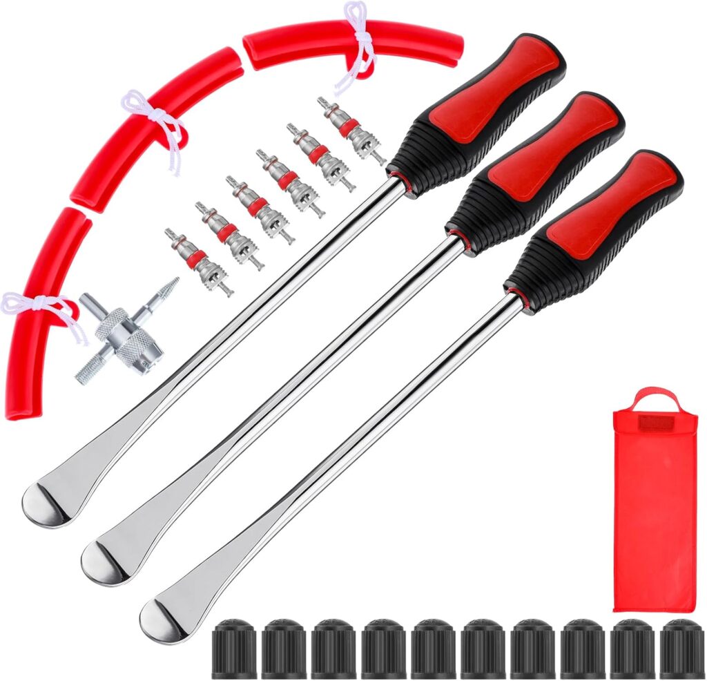 MAQUITA Tire Spoons Iron Set, 3pcs Steel Tire Changing Removal Tool 295mm for Dirt Bike Lawn Mower Motorcycle Tire Spoon Lever|Rim Protector Valve Tool Valve Cores Tire Valve Stem Tool kit