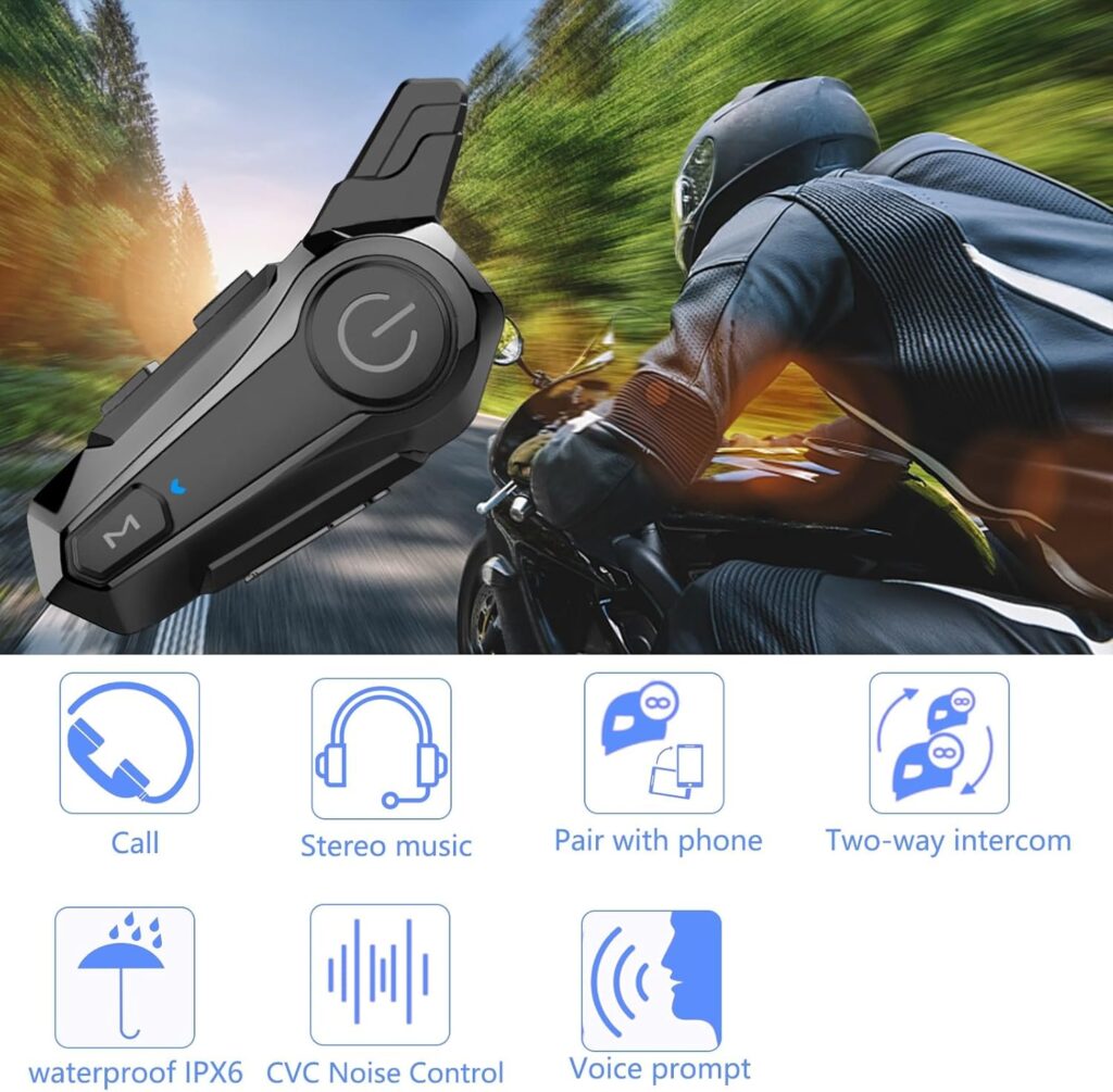 Motorcycle Headset E1 Helmet Intercom Headset with CVC Noise Cancellation Stereo Music IPX6 Waterproof for Full face Helmet