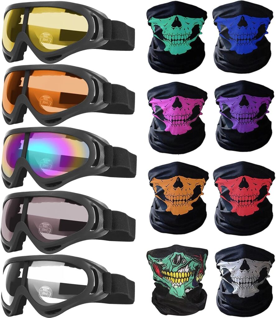 Peicees 13PCS Motorcycle Set, 5 Dirt Bike Ski Goggles UV Protection Dustproof Windproof Safety Glasses with 8 Skull Face Mask