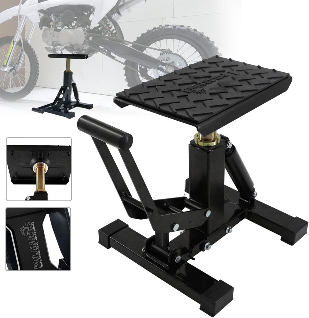 POLARBEAR Dirt Bike Stand Adjustable Jack Stand 1200Lbs Capacity Engine Stand Vertical Rise Easy Operated with DIY Stickers Lightweight(Black)