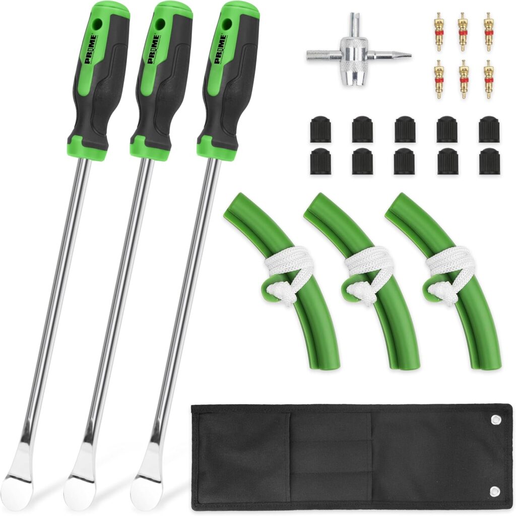 PR1ME 14.5 Tire Spoons Tool Set, Motorcycle Dirt Bike Tire Changing Kit with 3 Tire Spoons, 10 Valve Caps, 6 Valve Cores, 3 Rim Protector, Valve Tool, Bag, Tire Levers Tools for ATV, Lawn Mower