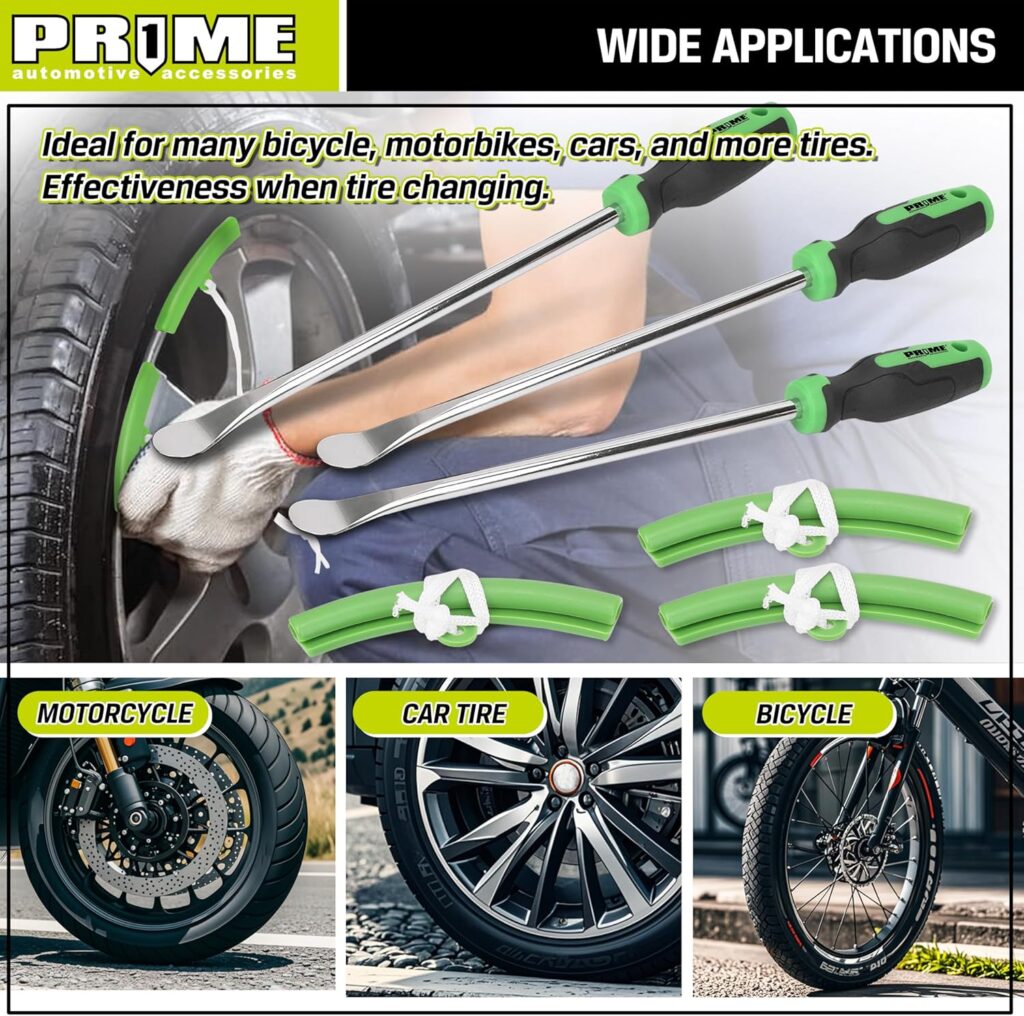 PR1ME 14.5 Tire Spoons Tool Set, Motorcycle Dirt Bike Tire Changing Kit with 3 Tire Spoons, 10 Valve Caps, 6 Valve Cores, 3 Rim Protector, Valve Tool, Bag, Tire Levers Tools for ATV, Lawn Mower