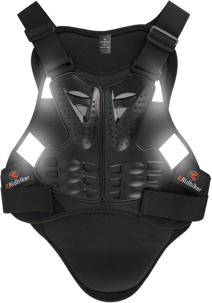 RIDBIKER Chest Protector Motorcycle, Dirt Bike Gear Body Armor Vest Spine Back Protector for Motocross Off-Road (Reflective at Night) (Black, S)