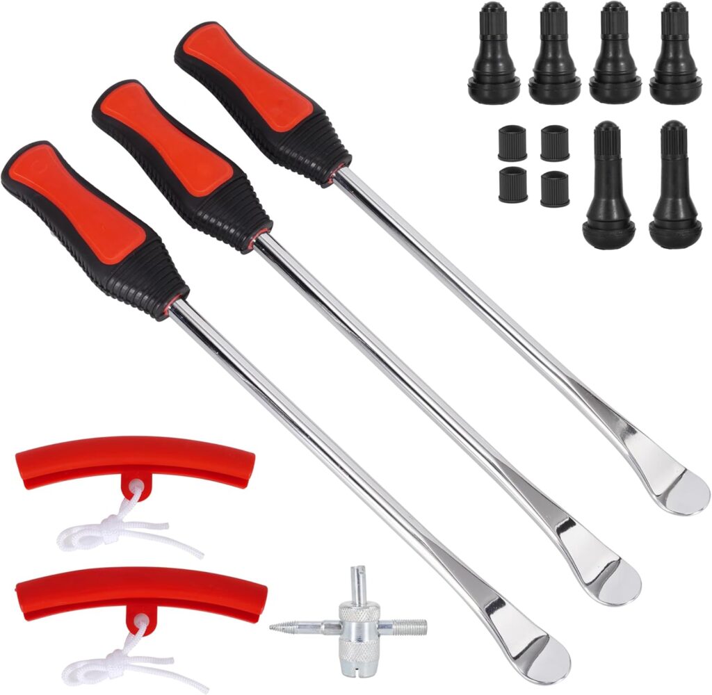 RUTU Tire Spoon Lever Dirt Bike Tire Changing Tool Motorcycle Tire Changer Lawnmower ATV with 3 Tire Irons 2 Rim Protectors Valve Stems Set TR412 TR413