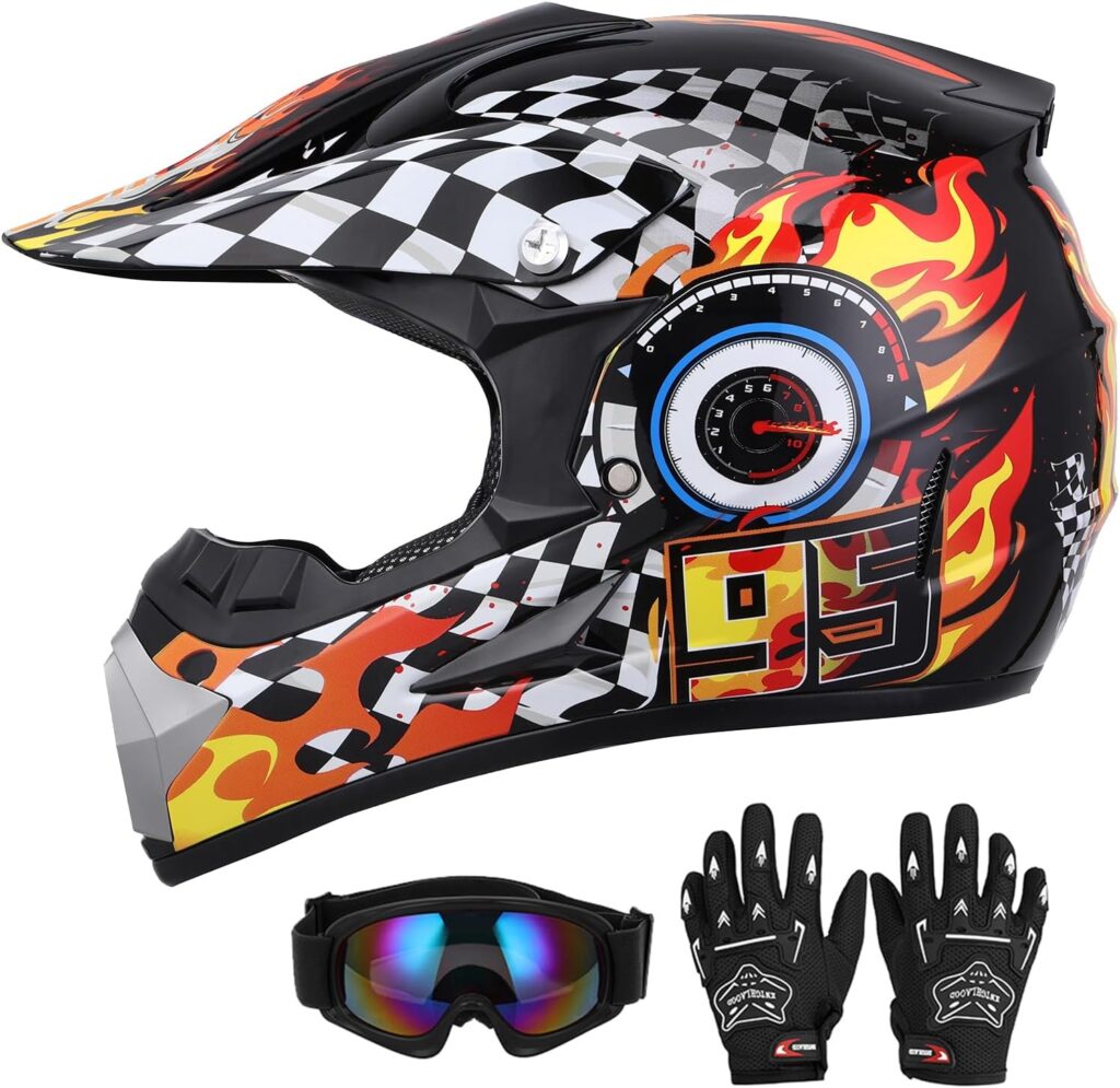 DOT Youth Dirt Bike Helmet with Goggles  Gloves for 5-14 Years Old, Kid ATV Helmet for Youth Boys Girls, Four Wheeler Helmet Kids, Motocross BMX MX UTV Offroad Street Go Kart Riding Dirt Bike